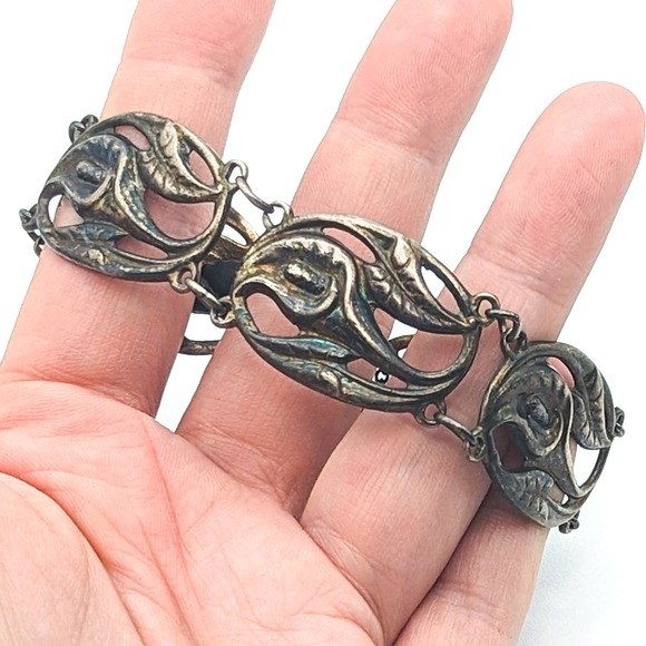 Vintage Danecraft Sterling Silver Calla Lily Bracelet w Added Chain Oxidized - Picture 7 of 13